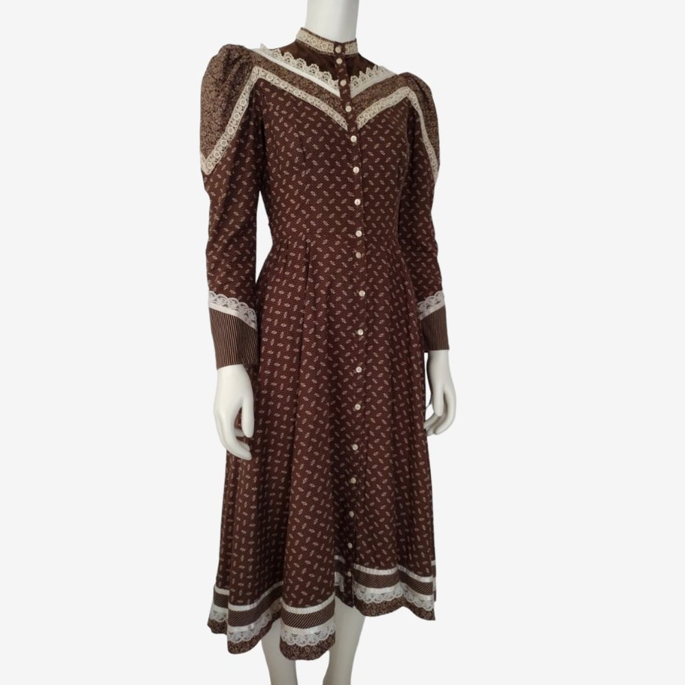 Vintage 70s Gunne Sax Brown Calico Puff Shoulder Button Down Prairie Dress - Picture 2 of 13